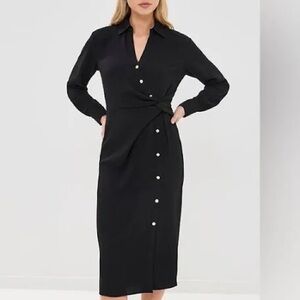 Veronica Beard Black Long Sleeve Twist-Waist Midi Dress